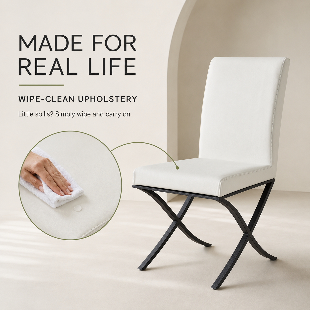 Cream leather-effect dining chairs with black steel legs, sold in sets of 2 or 4
