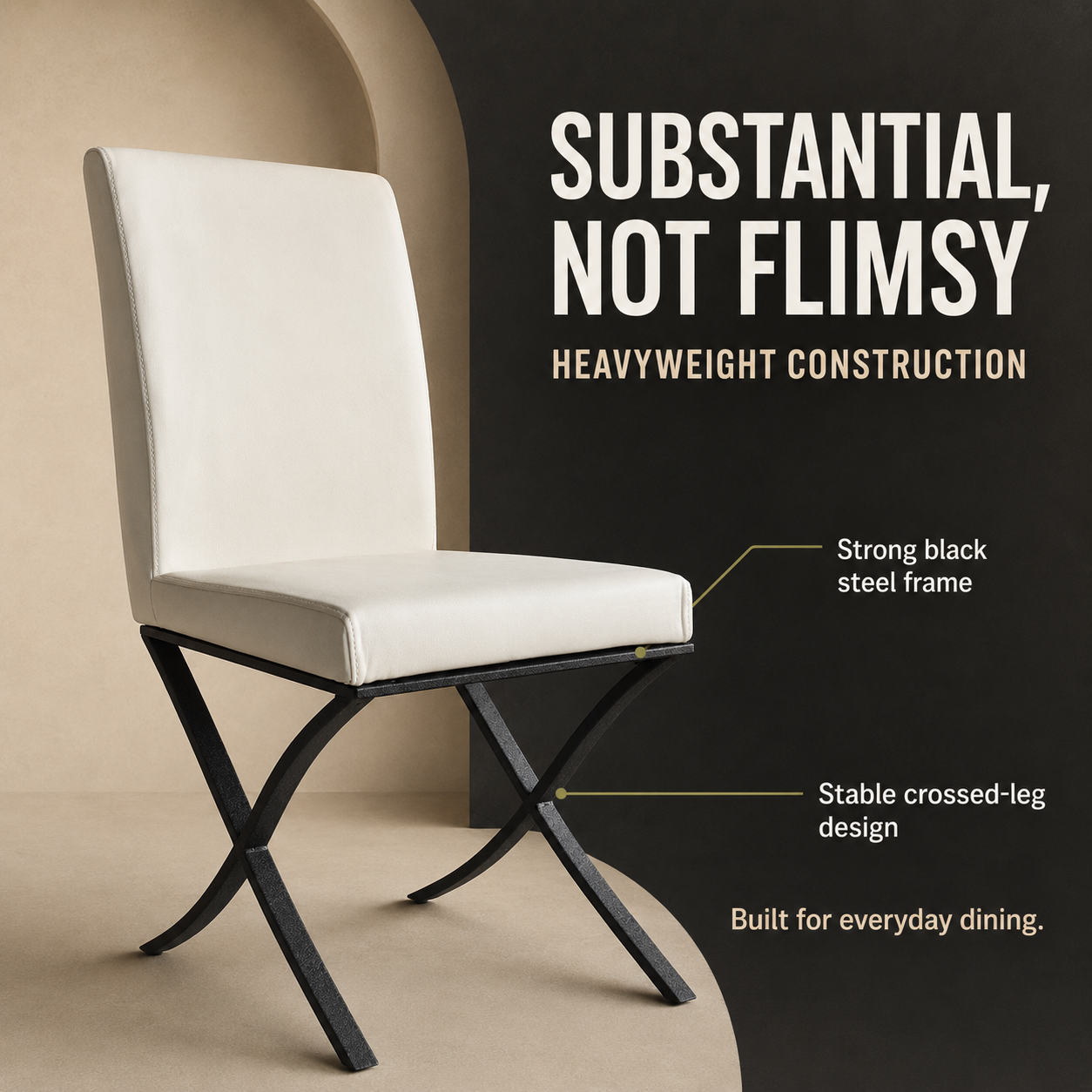 Cream faux leather dining chair with padded seat and black metal cross-leg frame