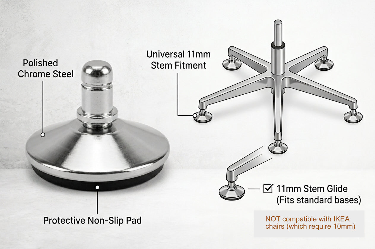 Chrome steel office chair glides, set of 5 with 11mm push-fit pin - Chair Outlet