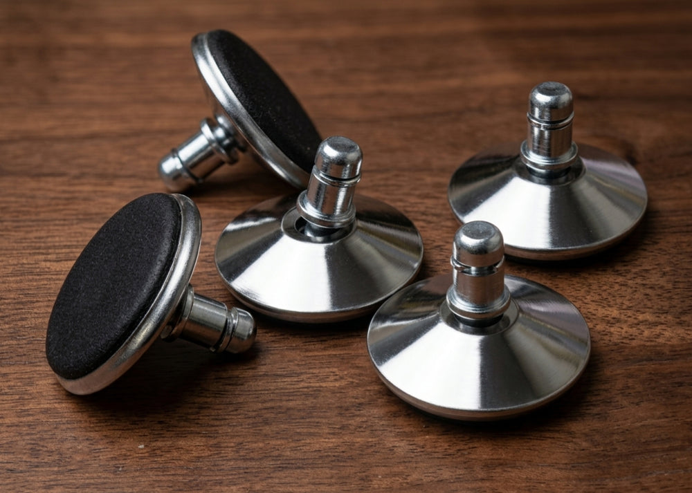 Set of five polished chrome steel chair glides