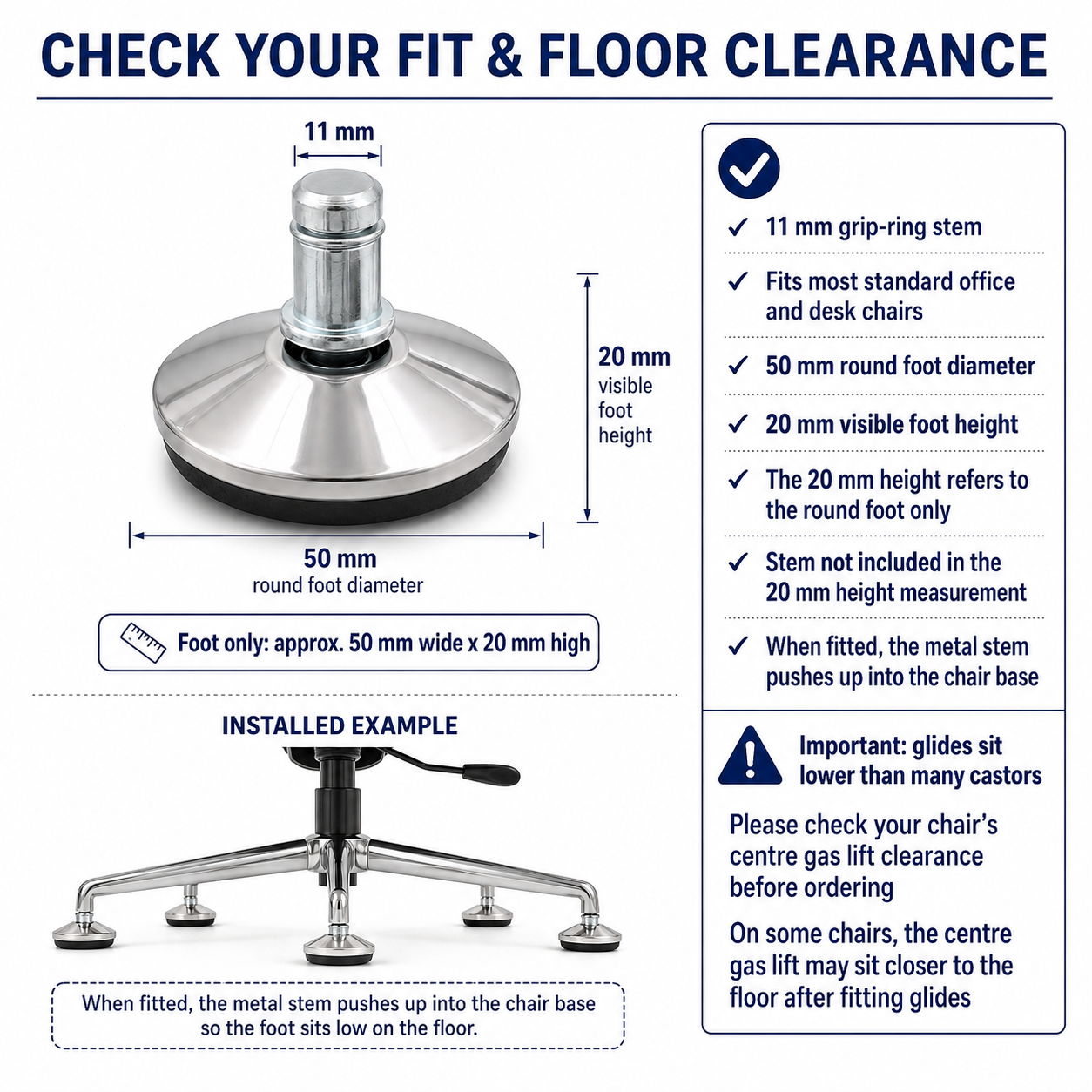 Chrome steel office chair glides, set of 5 with 11mm push-fit pin - Chair Outlet