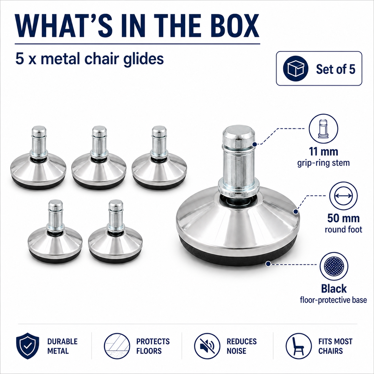 Chrome Steel Office Chair Glides – Set of 5 (11mm Pin)