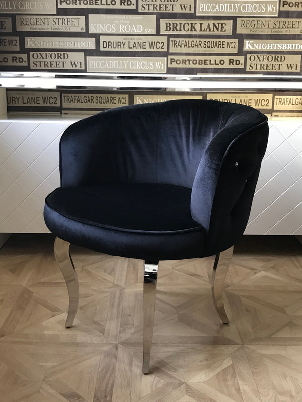 Black velvet diamanté buttoned armchair with chrome legs