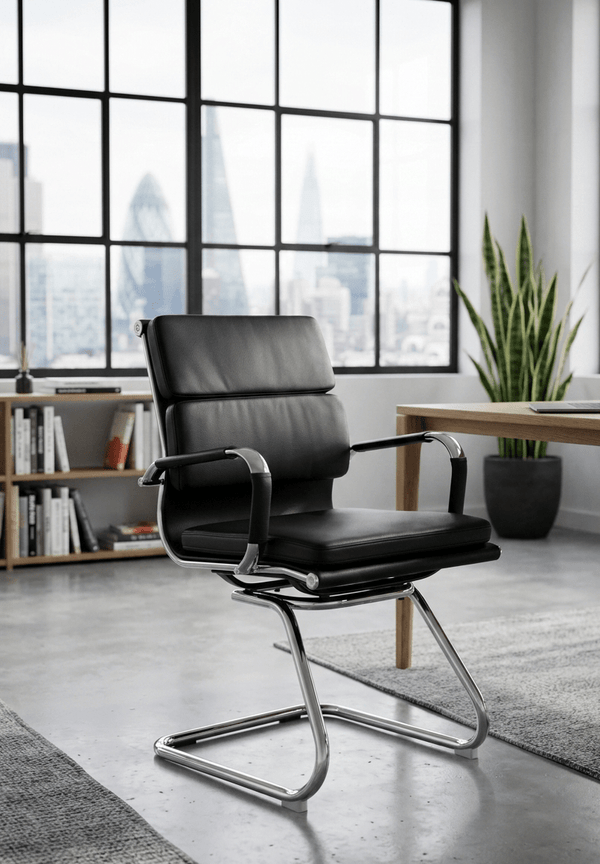 Black padded PU leather reception chair on cantilever leg