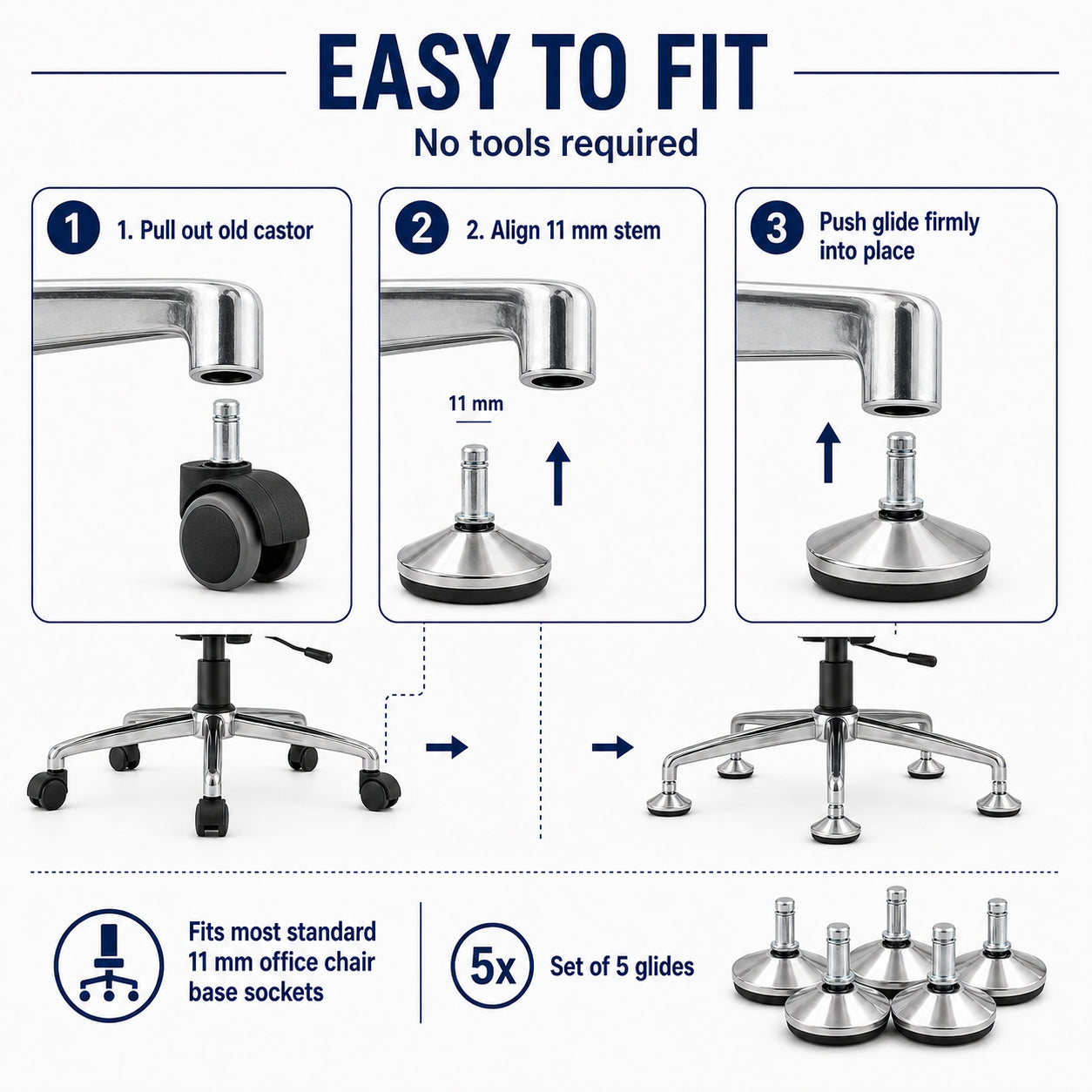 Chrome steel office chair glides, set of 5 with 11mm push-fit pin - Chair Outlet