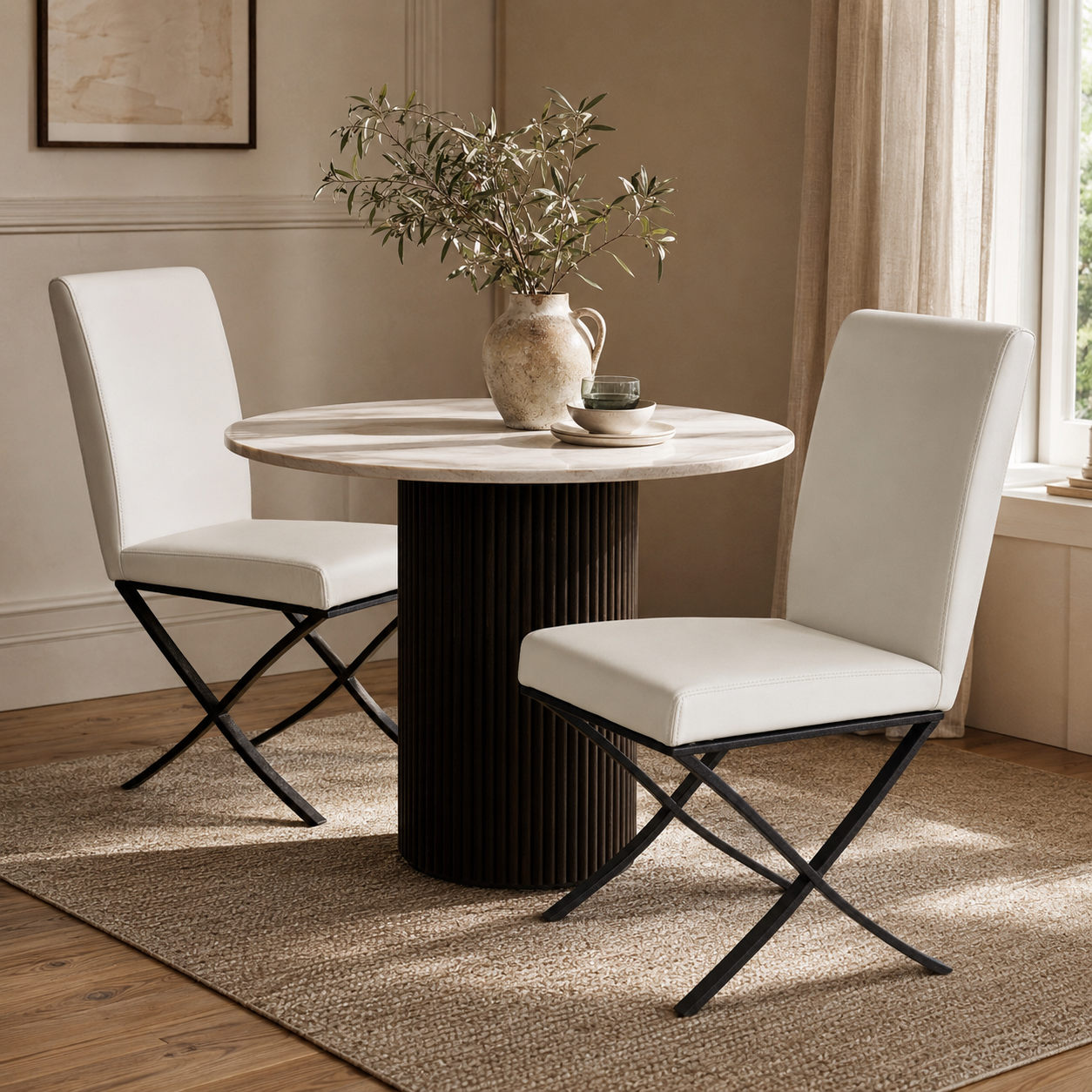 Cream faux leather dining chairs with padded seats and black cross legs – set of 2 or 4, Chair Outlet