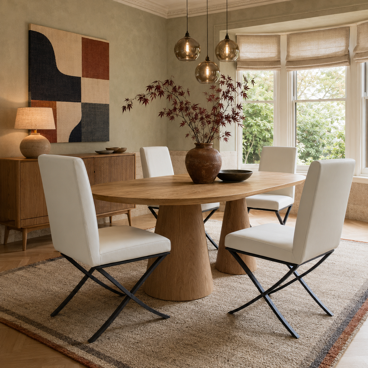 Set of cream faux leather dining chairs with black steel cross legs in a modern dining room – Chair Outlet