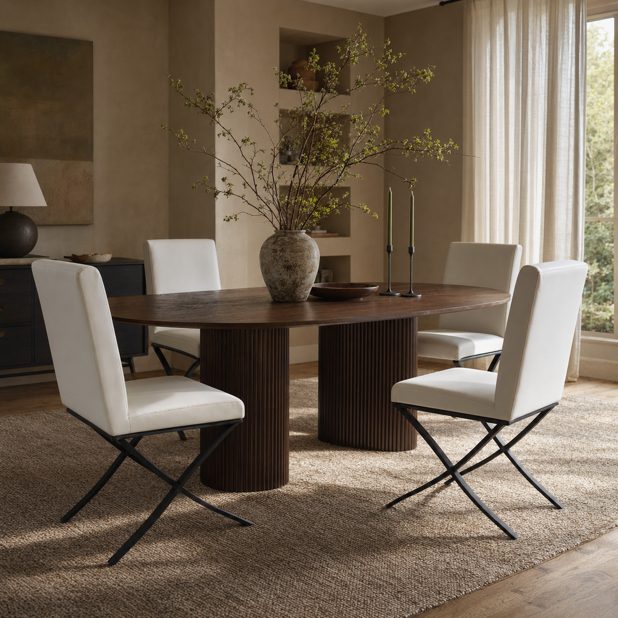 Close-up of cream leather-effect dining chair upholstery and black steel cross-leg frame – Chair Outlet